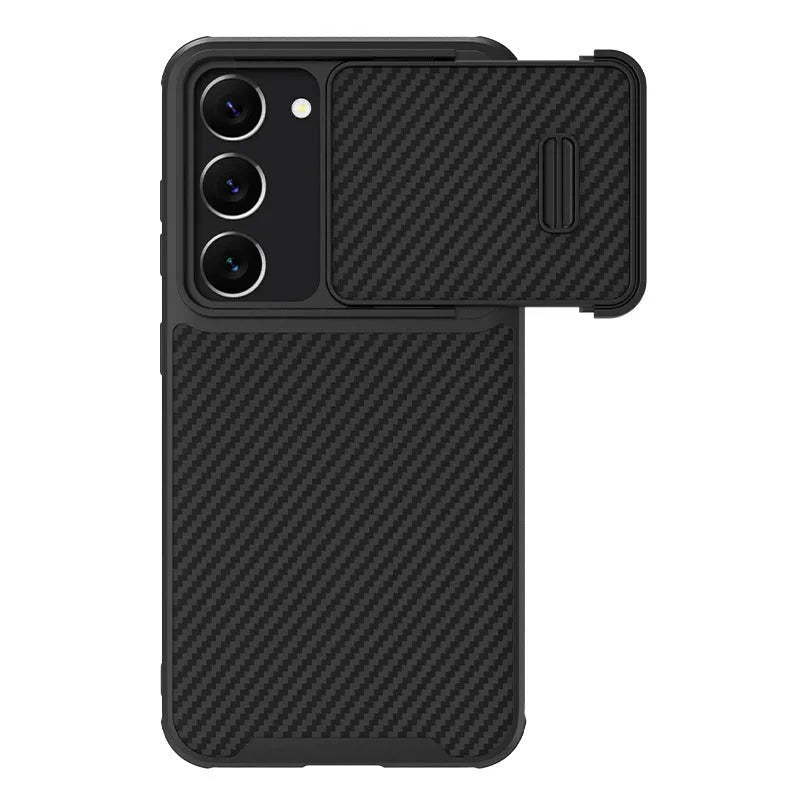 Matte black Samsung S23 Ultra phone case with a push-down camera lens cover, made from TPU, PC and carbon fibre.