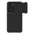 Matte black Samsung S23 Ultra phone case with a push-down camera lens cover, made from TPU, PC and carbon fibre.