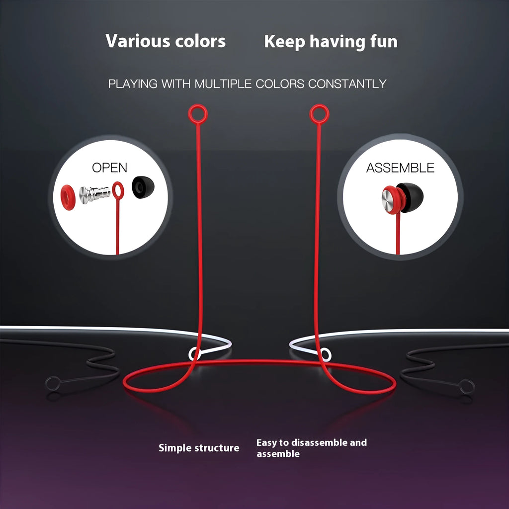 Silicone double ring anti-lost lanyard for earplugs, 55mm length, black colour, on white background