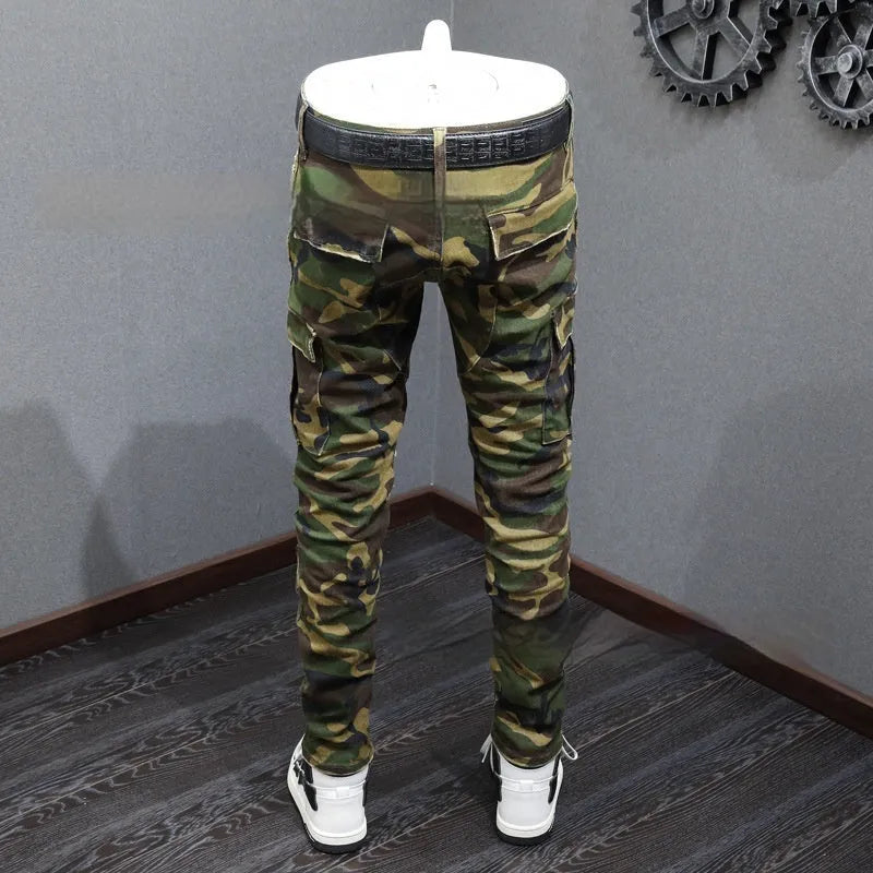 Men's camouflage broken hole jeans mid waist cotton trousers