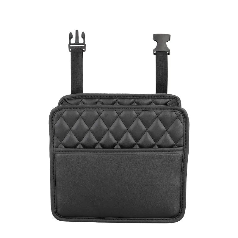 Leather car hanging storage bag and trash can in black, shown in a vehicle interior.