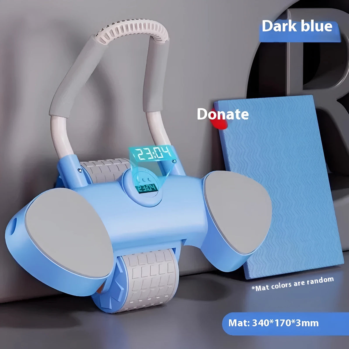 Automatic rebound abdominal exercise wheel with elbow supports in blue on a home floor.