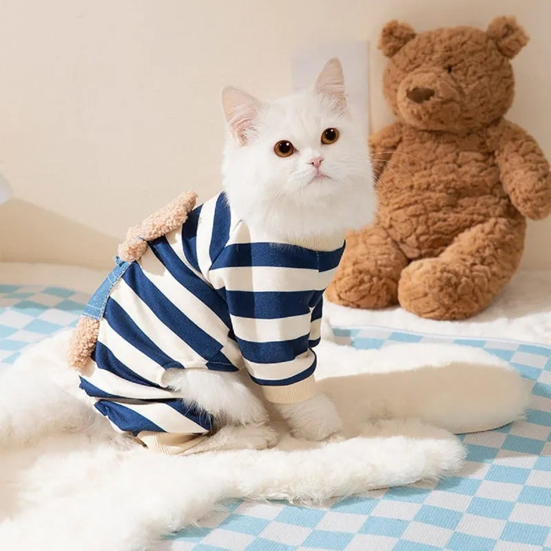 Cute bear striped four-legged dog pyjamas in blue for small to medium pets