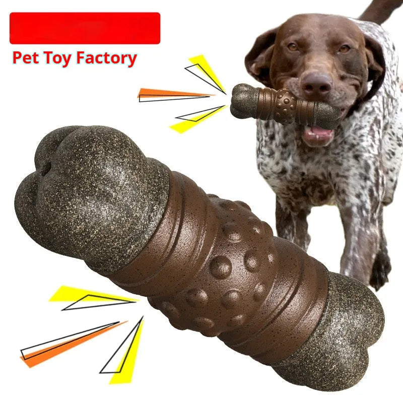 Wood-colour plastic sound-emitting dog molar chew toy measuring 20cm long