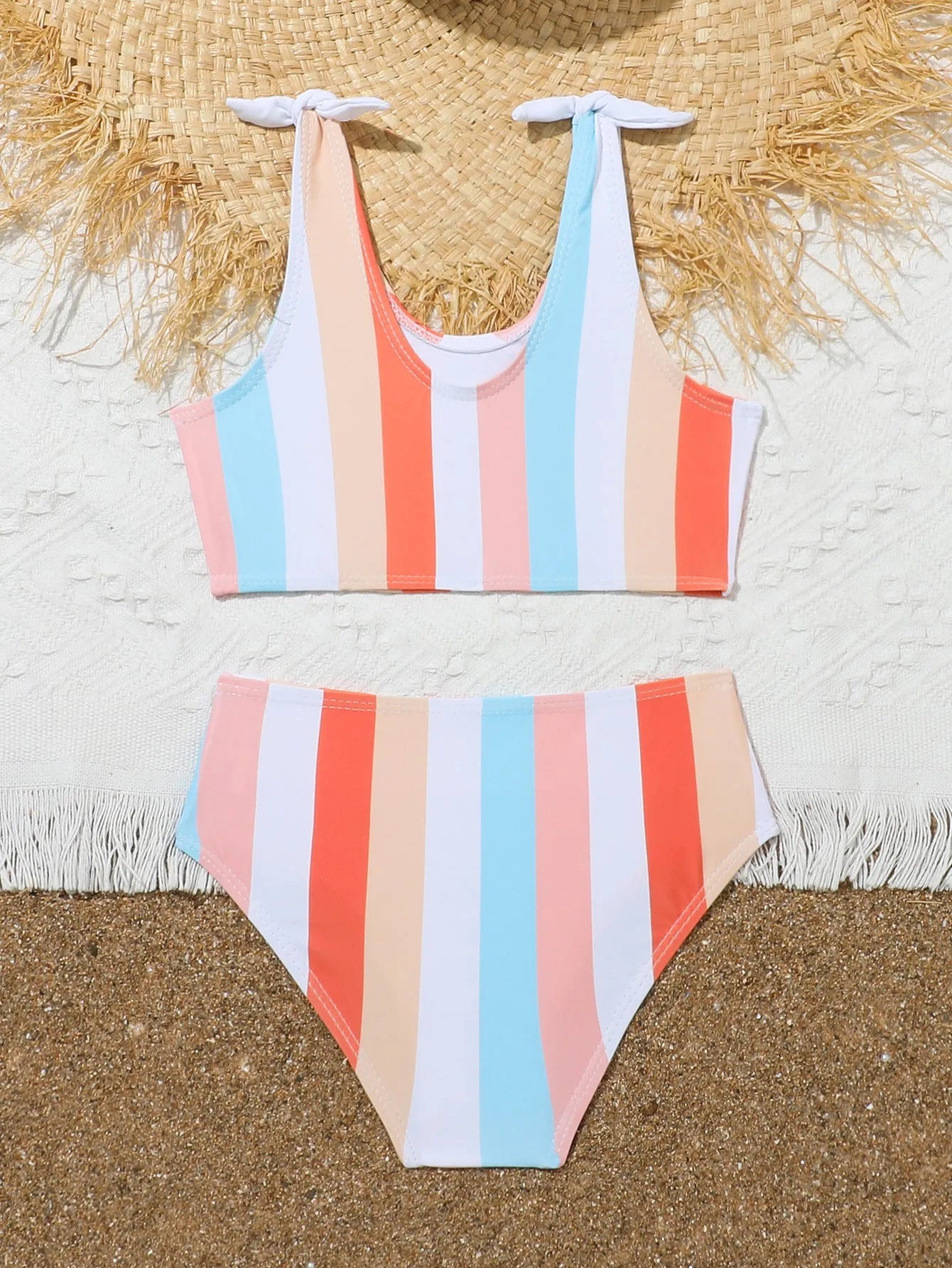 Girls' two-piece plaid print swimsuit with bra top and briefs for swimming.