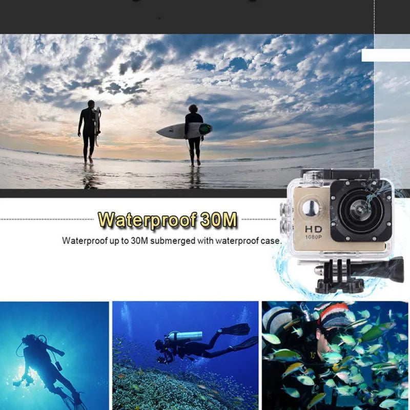 HD 1080P waterproof action sports camera in black with 140-degree wide-angle lens and 30m depth rating