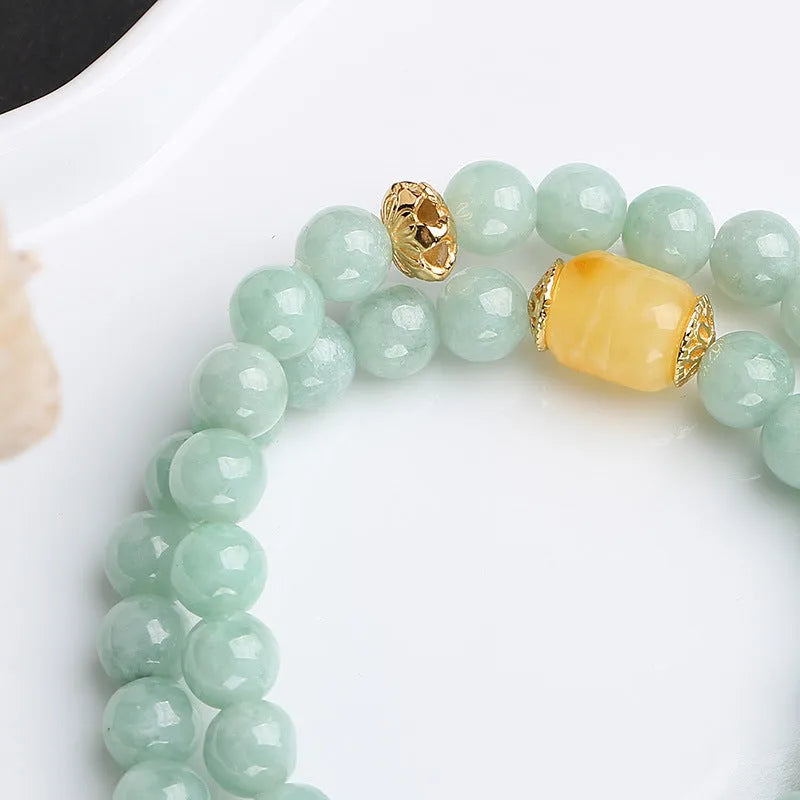 Double-layer women's bracelet with hanging jade beads and geometric beeswax barrel beads