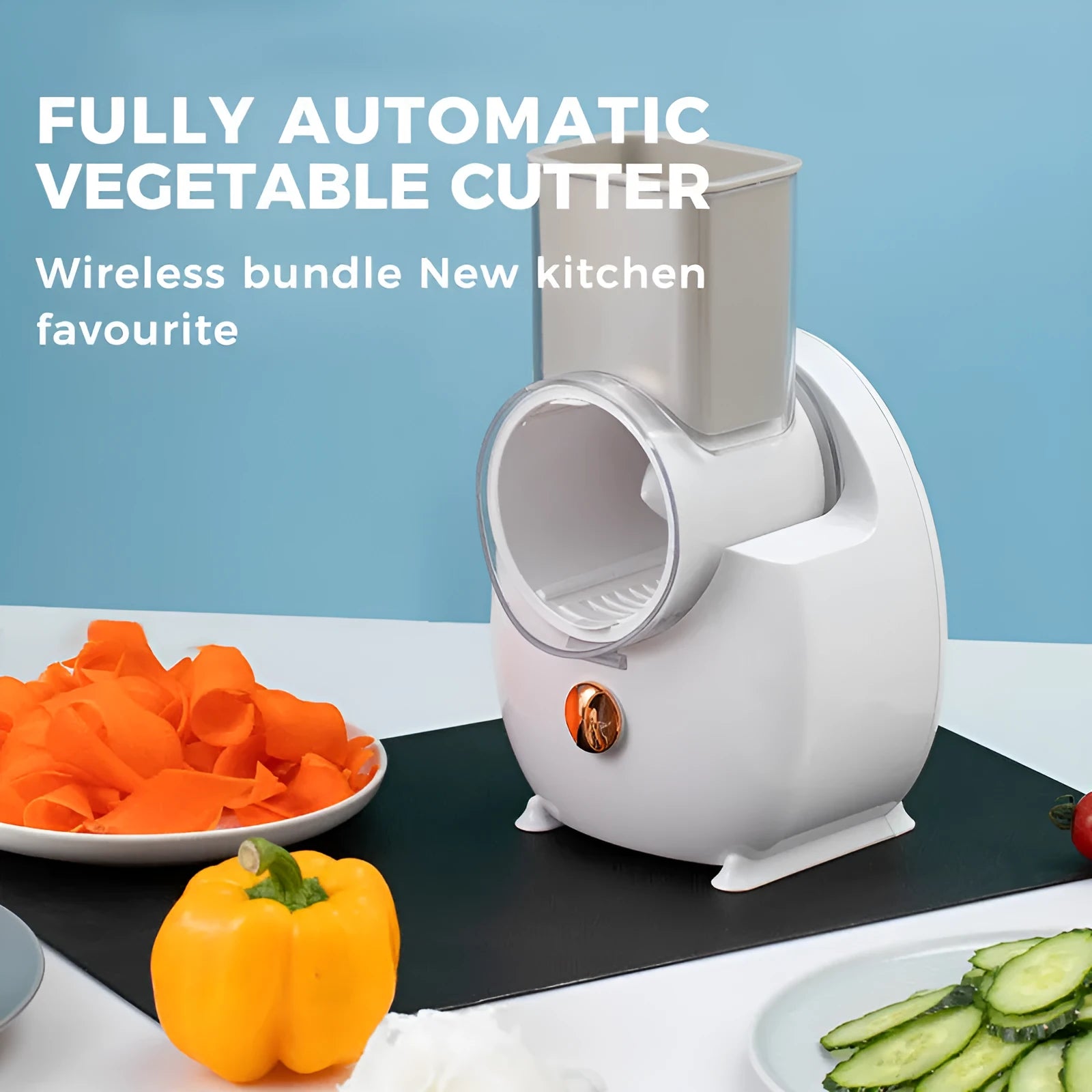 White electric vegetable slicer with rotary grater and suction base for kitchen use