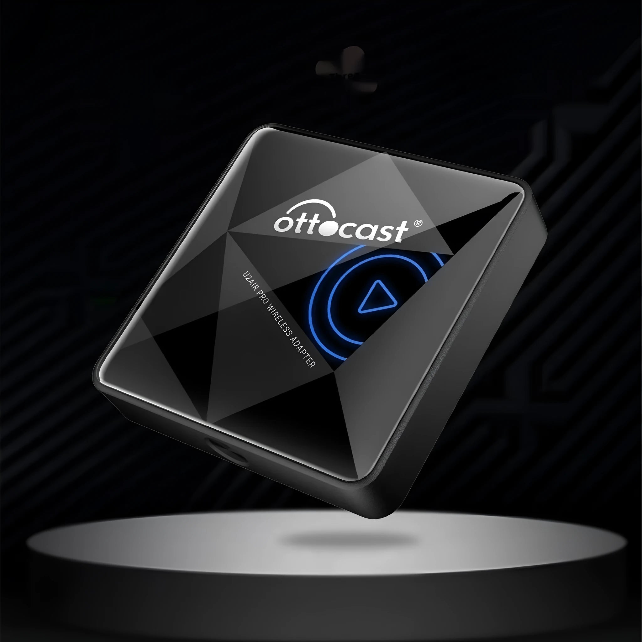Black square Car Bluetooth AIBOX wireless adapter with Type-C port on a car dashboard.