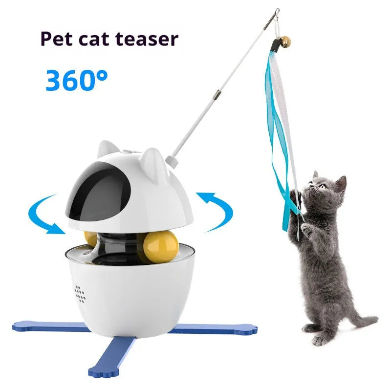 Automatic rotating electronic cat toy with feather teaser on an elastic rope, suitable for indoor cats