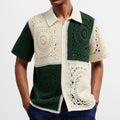 Men's beige colourblock short sleeve acrylic knit shirt with flocking detail on a hanger