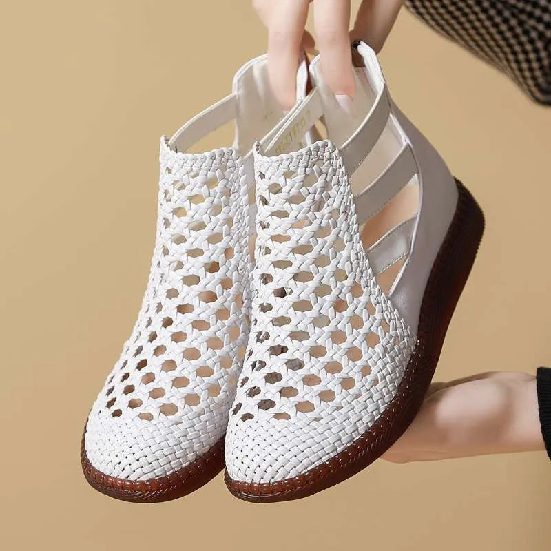 Gold women's sandals with hollow-out design and flat soft soles
