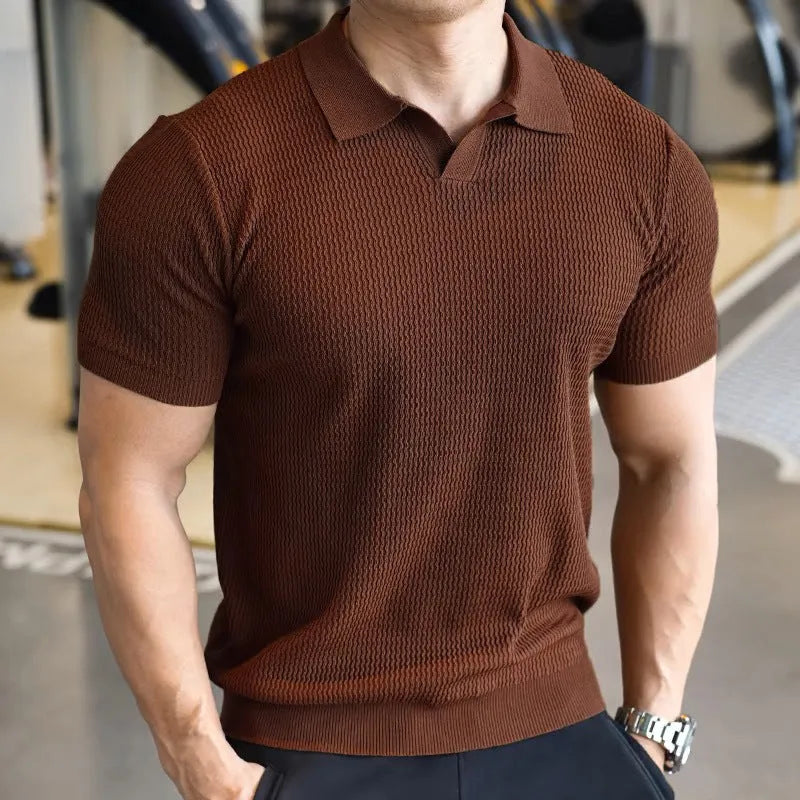 Men's slim fit Henry collar polo shirt in thin polyester fabric, shown in solid colours.