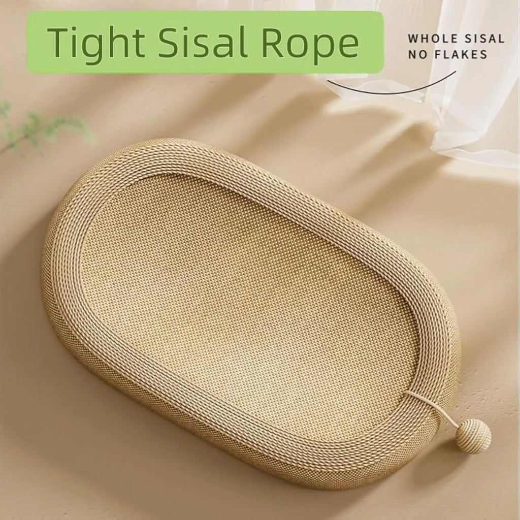 Large rectangular sisal cat scratching board with a grey cushioned cat bed attached on top.