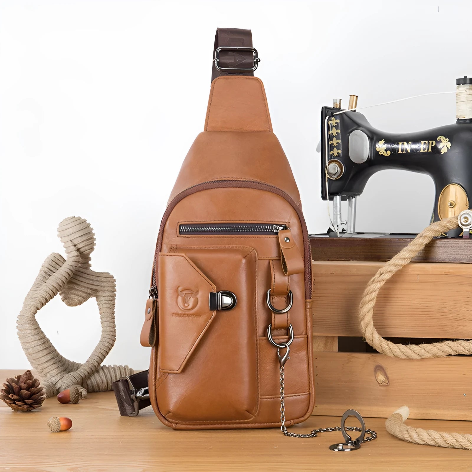 Genuine leather men's messenger bag in medium vertical square shape with magnetic buckle, available in black, brown, coffee colours