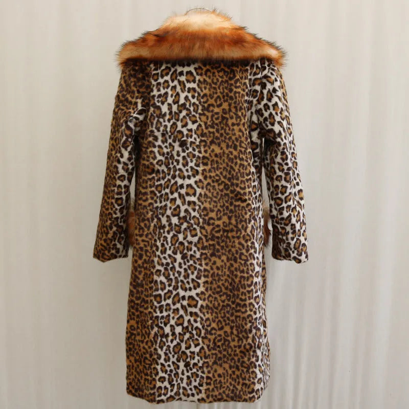 Women's long leopard print artificial fur jacket with regular sleeves for street fashion wear