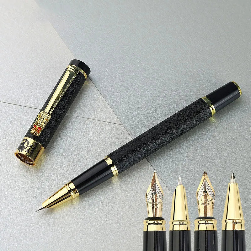 Metal fine art fountain pen with iridium nib, shown in multiple colour options including black, gold, and silver.