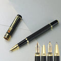 Metal fine art fountain pen with iridium nib, shown in multiple colour options including black, gold, and silver.