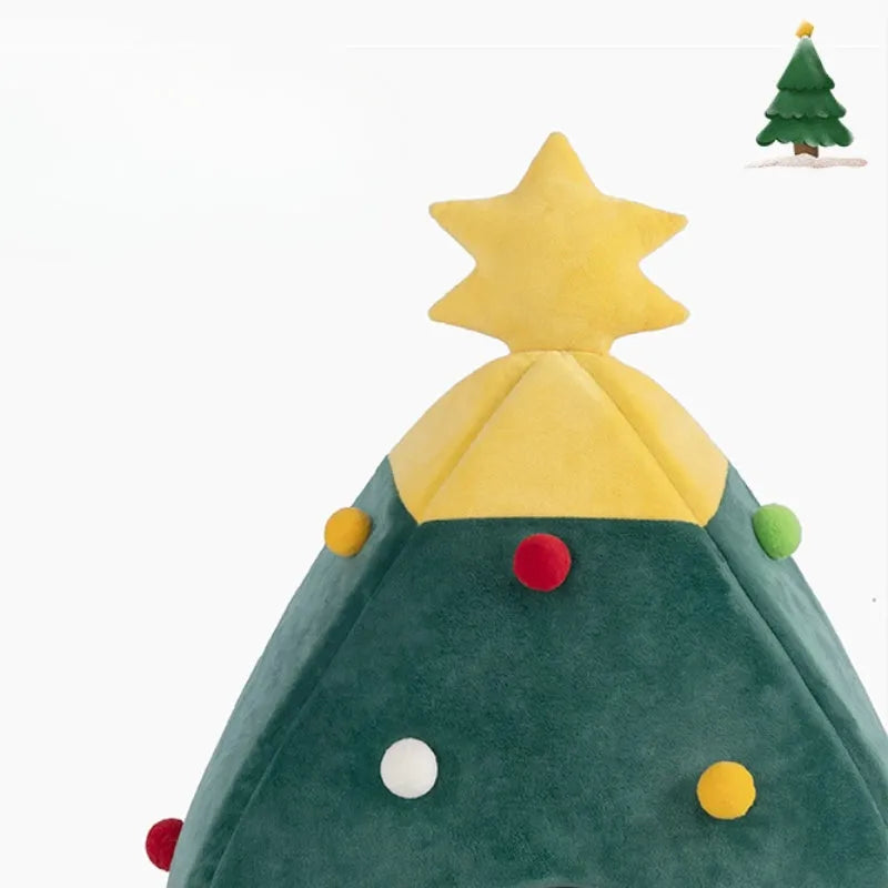 Red and green Christmas tree-shaped pet cave bed with removable cushion