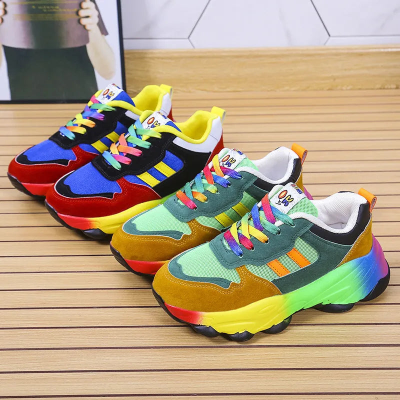 Women's thick sole front lace-up sneakers in colour block green and blue with round toe and rubber sole