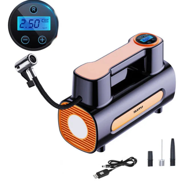 Black portable cordless tyre inflator with digital LCD screen on a grey background