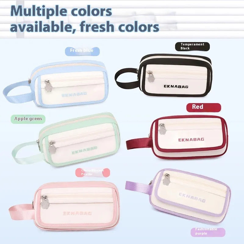 Large capacity Oxford stationery bag in Korean style, available in pink, blue, fruit green, purple, red and black.