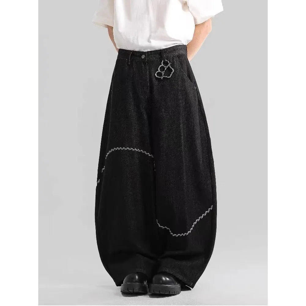 Black straight-leg casual trousers with micro-elastic waistband and zip fly opening