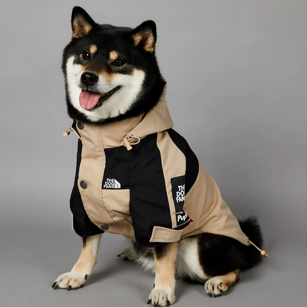 Khaki polyester dog shell jacket showing simple design for canine weather protection