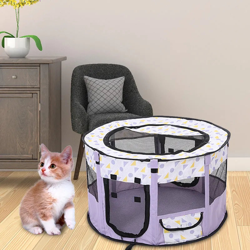 Foldable closed pet tent in blue, made from Oxford cloth and mesh, for dogs and cats
