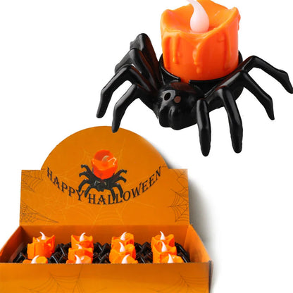 Spooky spider-themed candle holders with flickering flame effect for Halloween decor