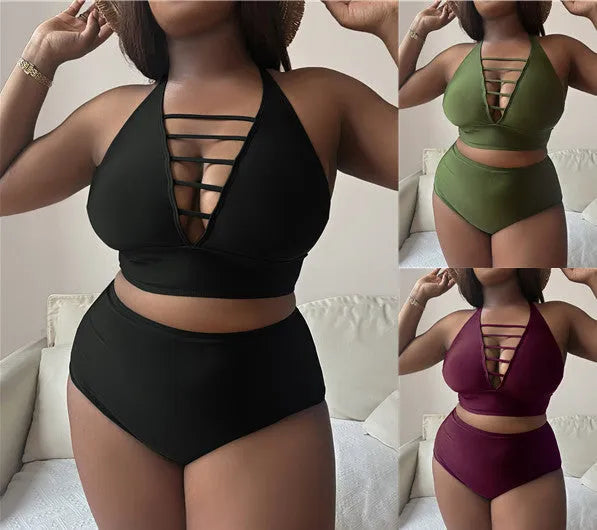 Plus size hollow cross halter bikini in black with adjustable straps and high waist briefs