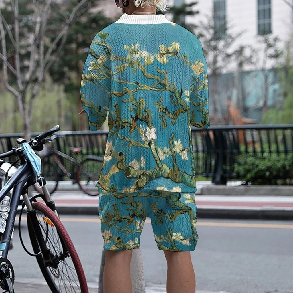 Men's peacock blue knitted shorts casual suit with T-shirt and mid-length trousers