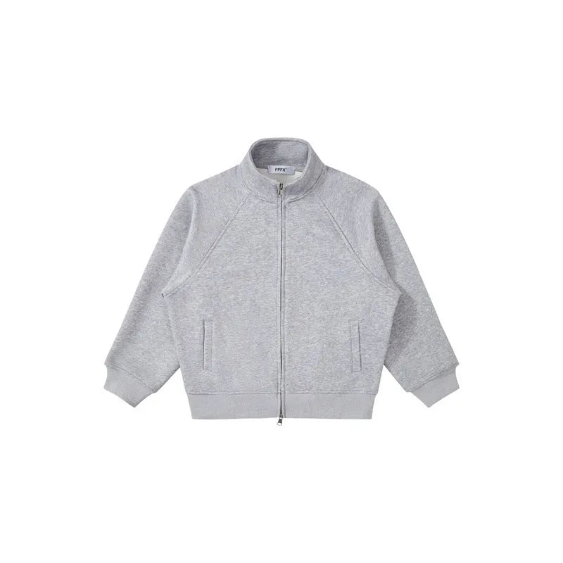 Men's stand collar zip sweatshirt jacket in gray or black, loose thin polyester cardigan with side seam pockets