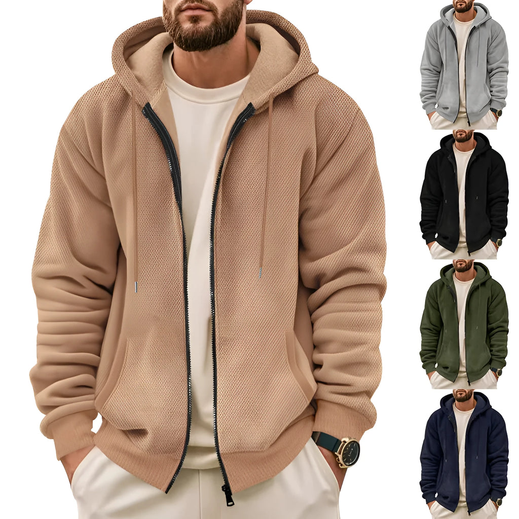 Men's thickened fleece-lined zip hoodie in gray, khaki, black, navy blue, or military green