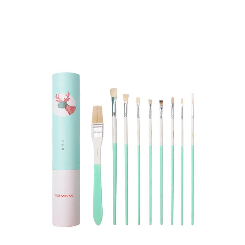 Acrylic gouache art set with fan brushes, wide brush, eyeliner brush, corner brush, chalk, and paint.