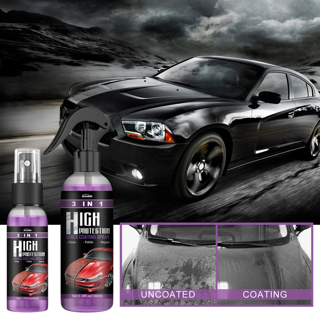 3-in-1 high protection car paint spray coating agent in 30ml and 100ml PE bottles with clear spray nozzle
