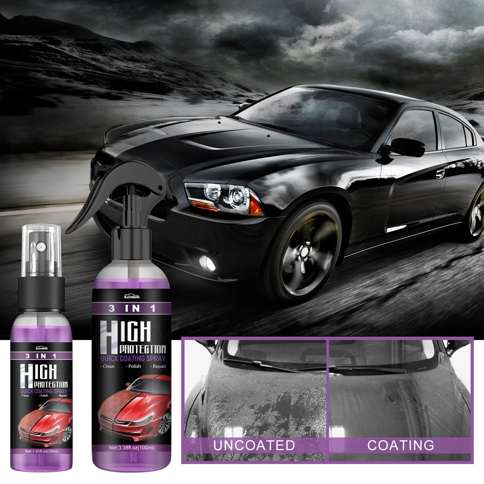 3-in-1 high protection car paint spray coating agent in 30ml and 100ml PE bottles with clear spray nozzle