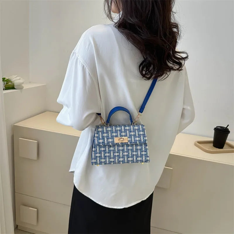 Casual PU crossbody shoulder bag with polyester lining, shown in black, white, blue and red colour options