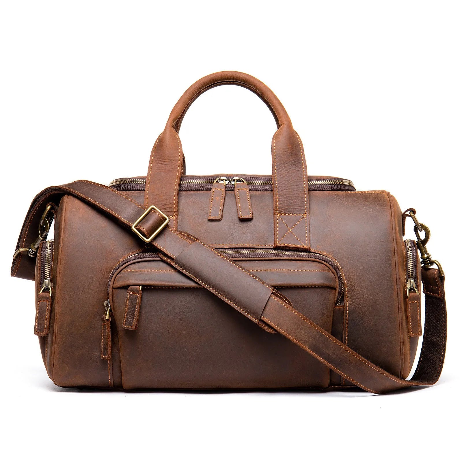 Leather men's hand luggage bag large capacity retro coffee colour with shoulder strap