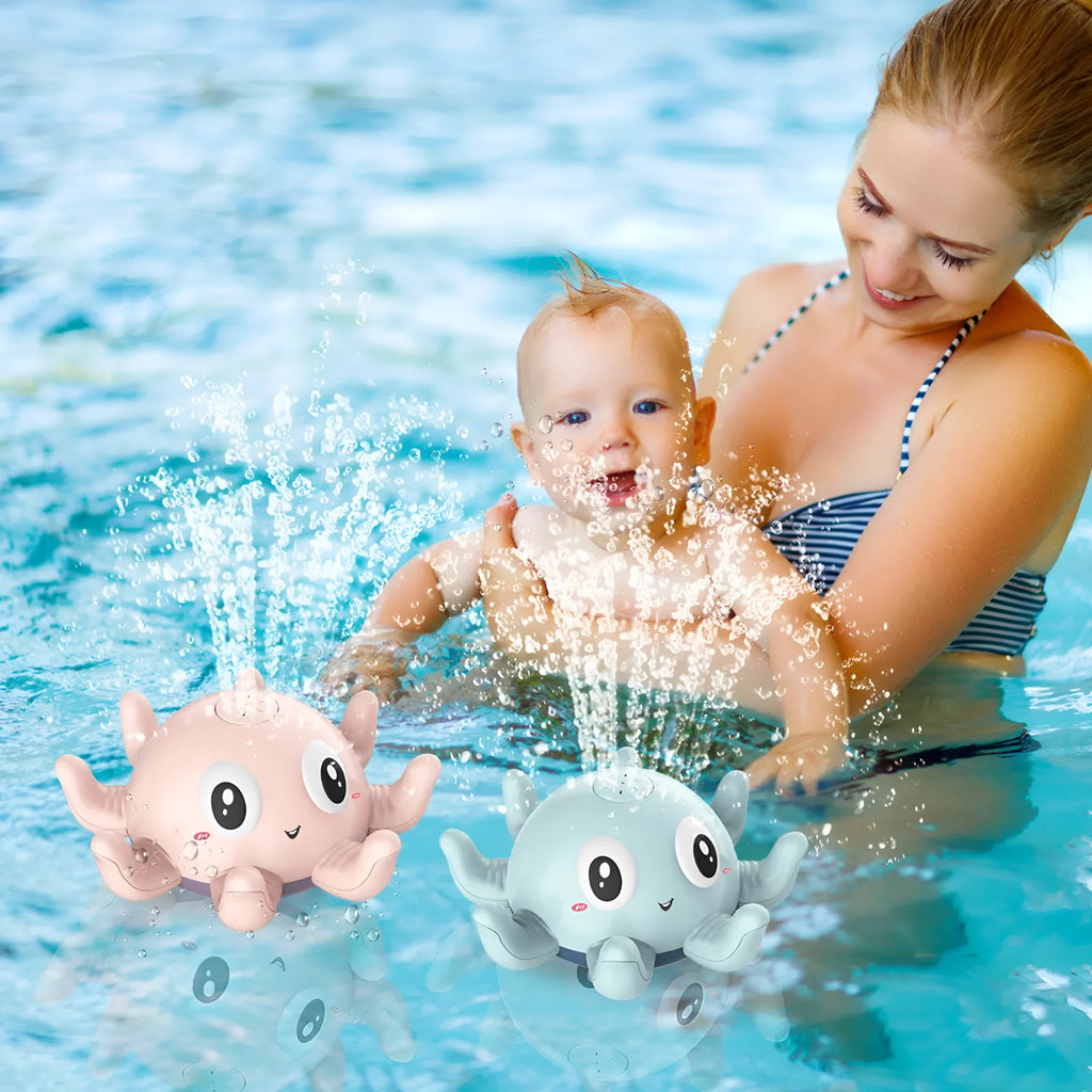 Blue octopus automatic water spray bath toy with flashing lights for children's bath time