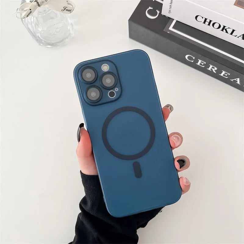 Ultra-thin magnetic frosted phone case for iPhone in ice mist white, showing all-inclusive bumper design
