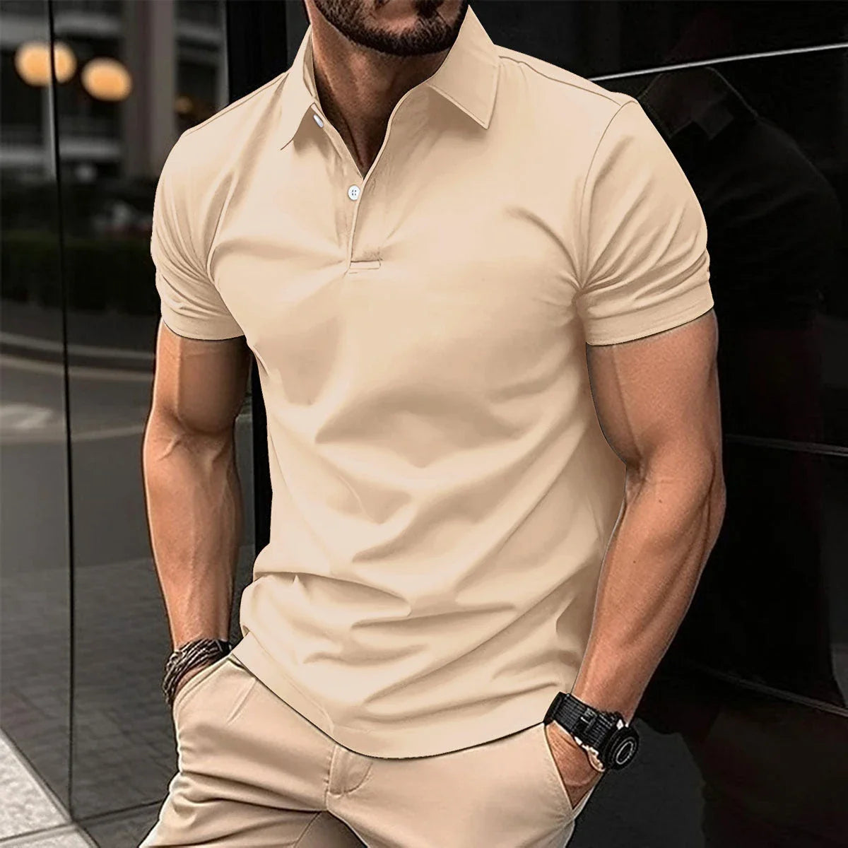 Men's short sleeve polo shirt in various solid color options, featuring a button-down collar and comfortable cotton-blend fabric