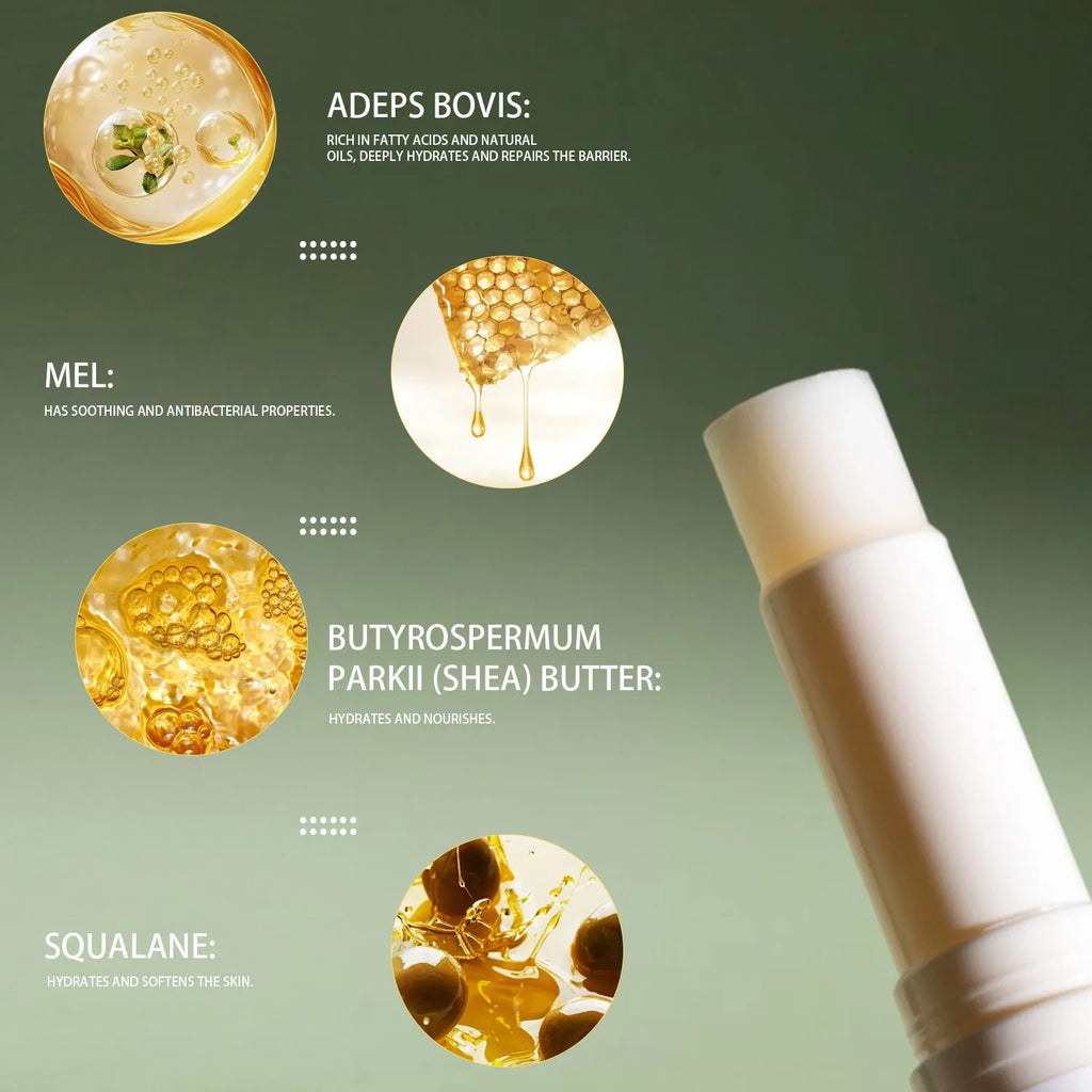 A 5g tallow lip balm stick in a silver tin case measuring 83mm long.
