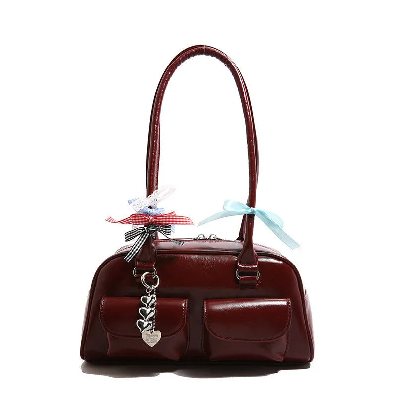 Retro PU leather women's pillow handbag with double shoulder straps in black colour