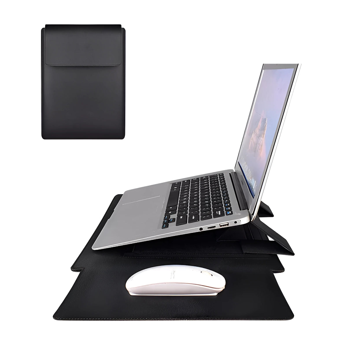 Clamshell laptop sleeve in imitation leather with mouse pad holster and small bag, 13.3 inch and 15.6 inch sizes