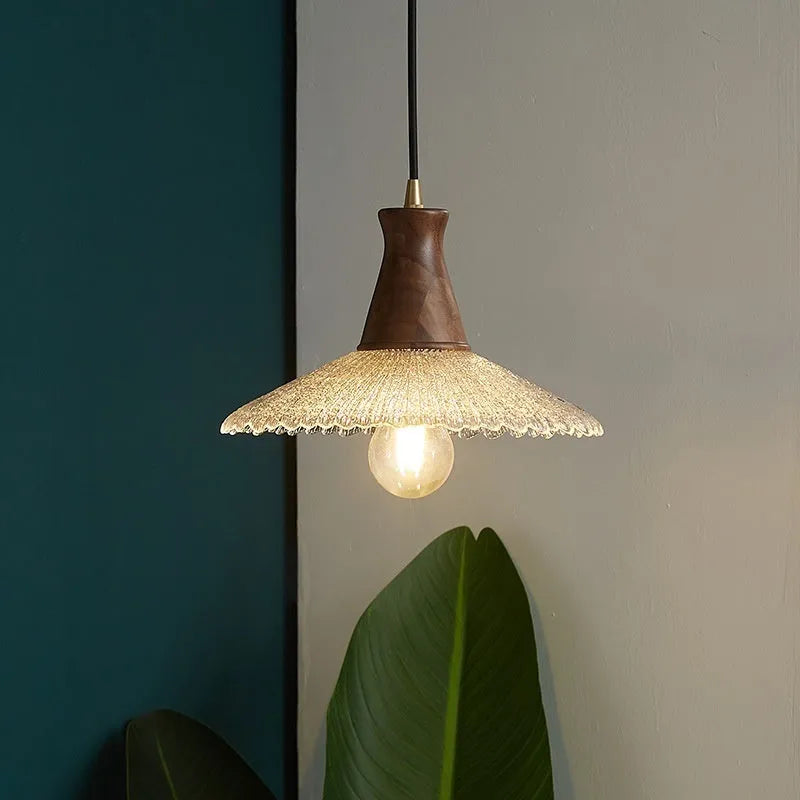 Retro wooden chandelier with brass electroplated finish and glass shade in three size options