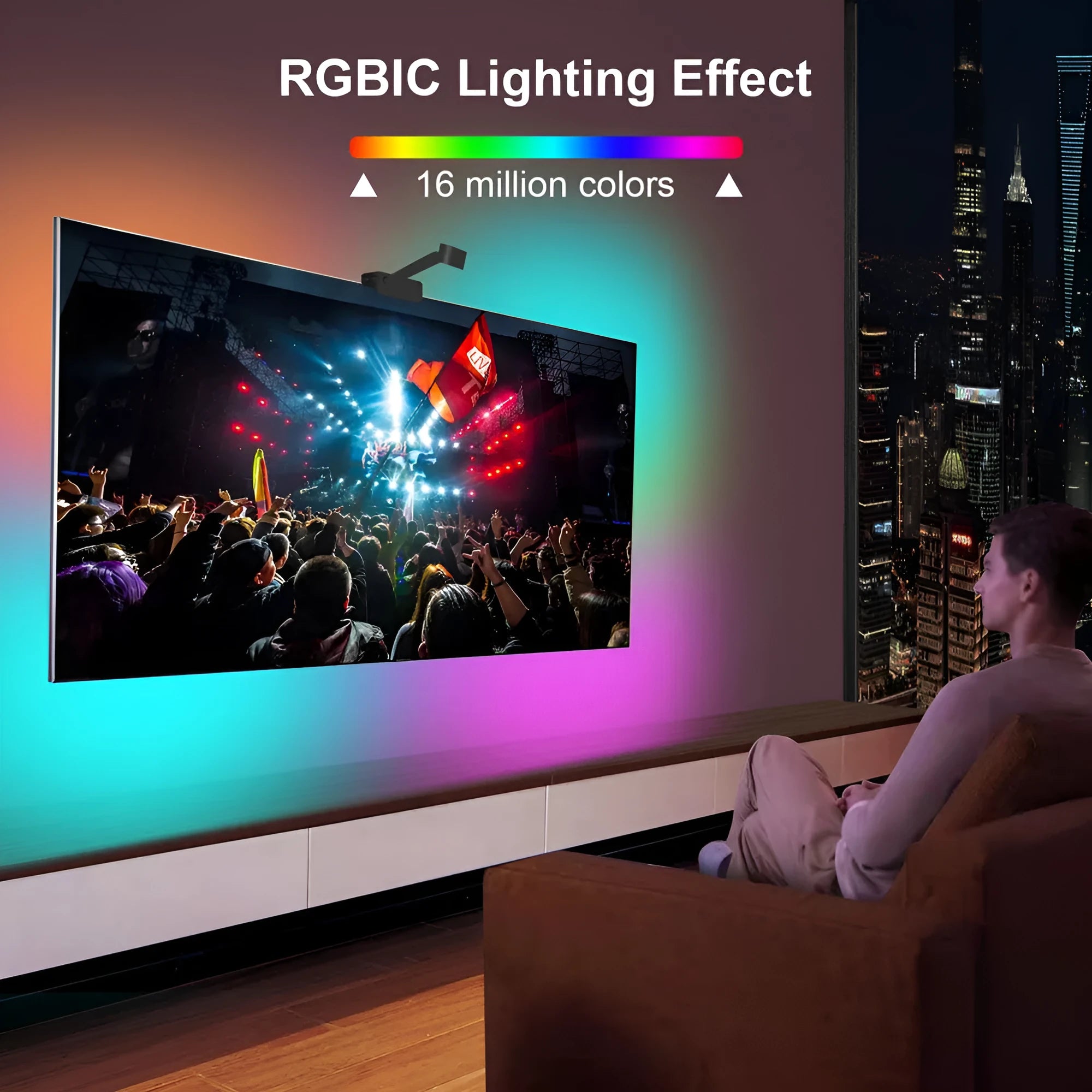 Black smart TV LED backlight strip with camera controller for automatic colour sync, showing remote and app control.
