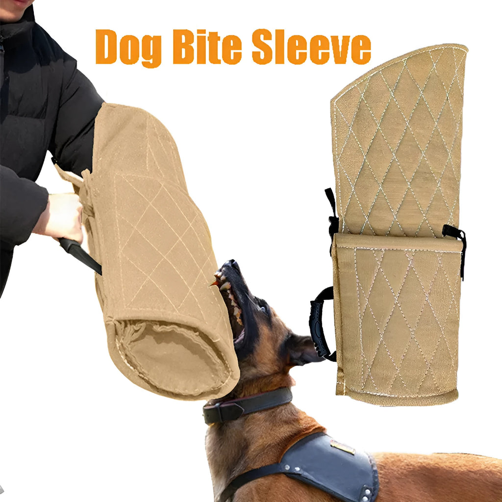 Jute dog bite training sleeve 65 x 28 cm with internal plastic handle, external foam handle, and black side hanging handle.