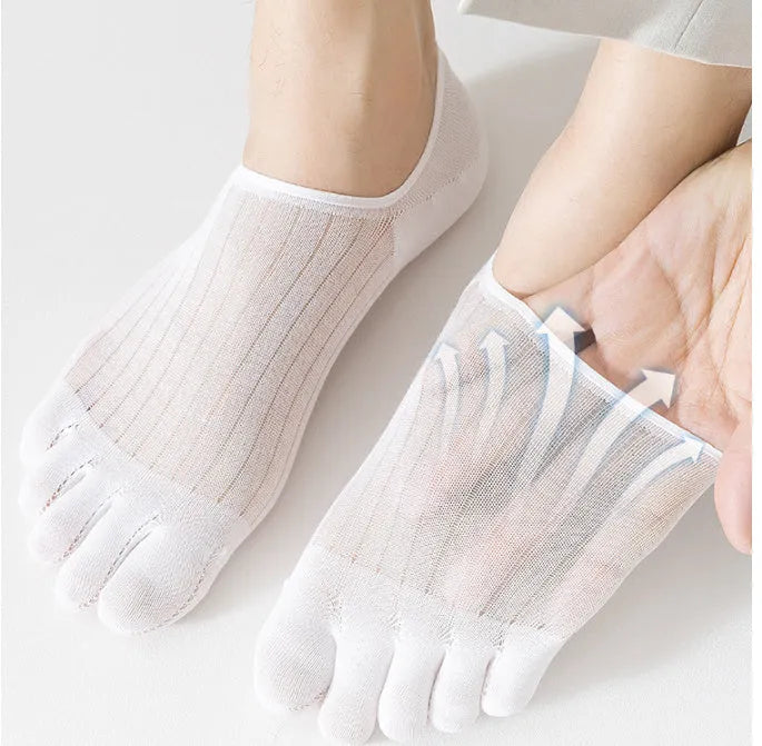 Modal cotton five-finger boat socks in black, shown as a pair laid flat to detail the individual toe design.