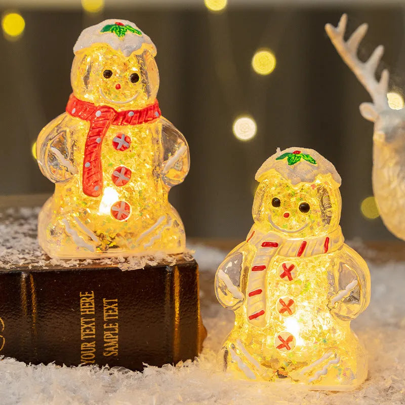 Glowing Christmas gingerbread man snowman ornament with scarf in plastic, 10.5cm tall